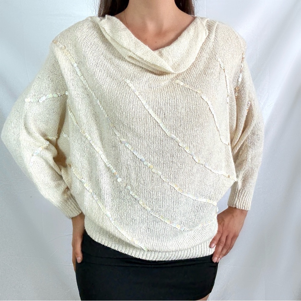 Vintage French connection cream iridescent sequin batwing sweater top NWT knit